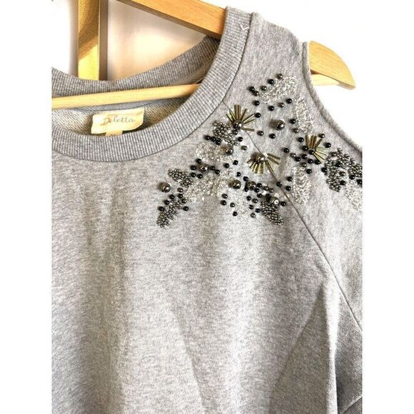 Anthropologie Deletta Cold Shoulder Beaded Embellished Grey Sweatshirt Sz PS EUC - Picture 5 of 12